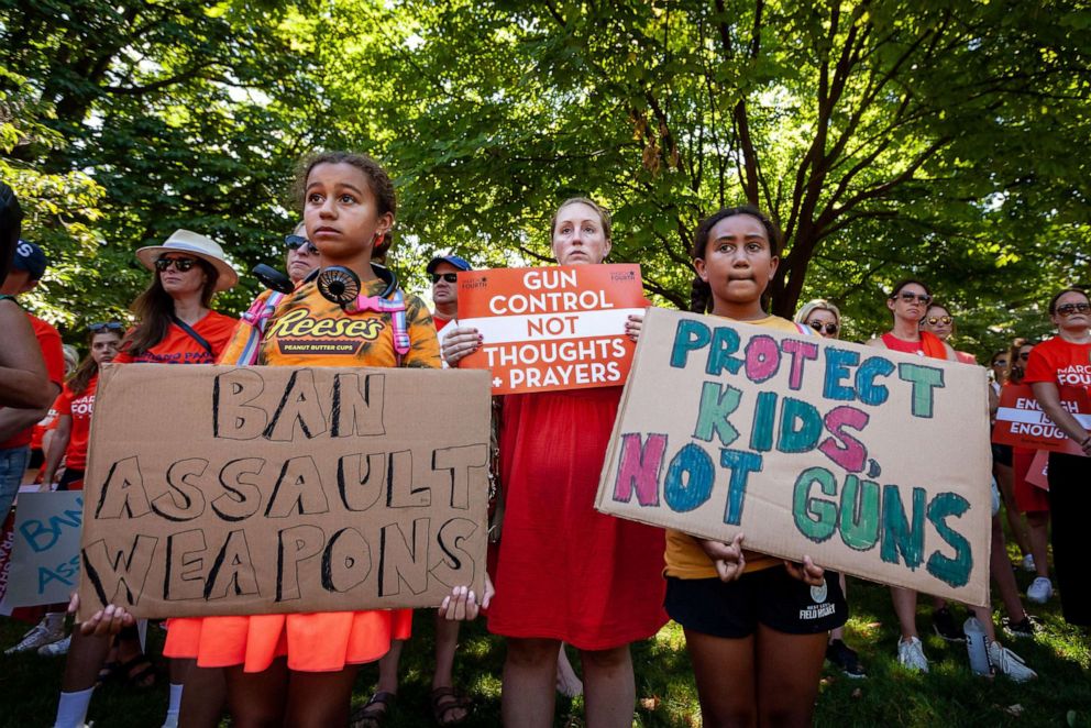 PHOTO: People attend a rally and march against gun violence at the US Capitol in Washington, July 13, 2022. Demonstrators demanded a ban on assault weapons and the implementation of universal background checks for gun purchases.
