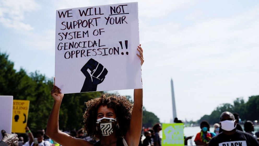 PHOTO: Demonstrators gather in front of the Lincoln Memorial for the "Get Your Knee Off Our Necks" march in support of racial justice that is expected to gather protestors from all over the country in Washington, Aug. 28, 2020.