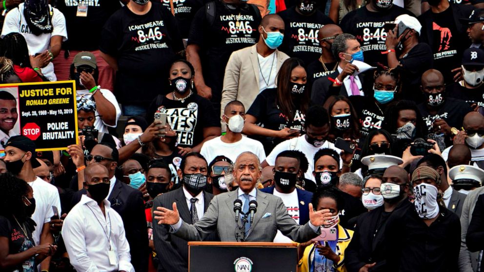 PHOTO: Rev. Al Sharpton, founder and president of National Action Network, speaks at the Lincoln Memorial during the "Commitment March: Get Your Knee Off Our Necks" protest against racism and police brutality, on Aug. 28, 2020, in Washington.