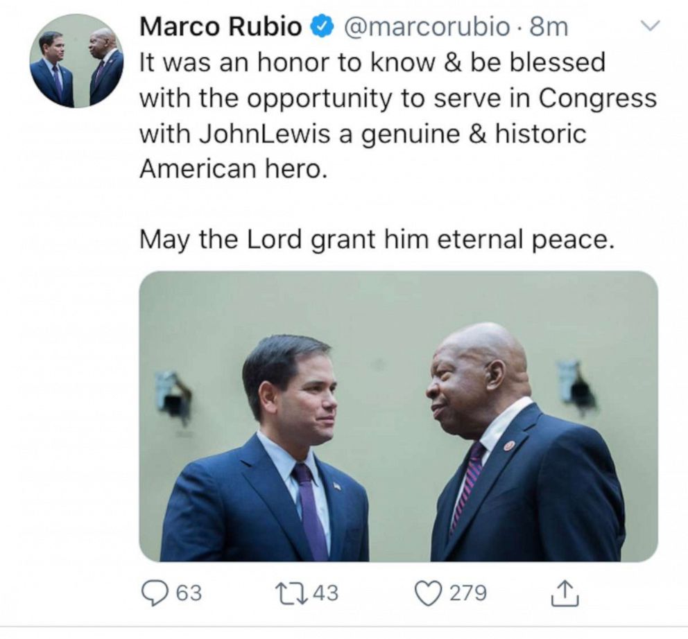 PHOTO: In a since-deleted tweet, Marco Rubio confuses Rep. John Lewis with Rep. Elijah Cummings, July 18, 2020.