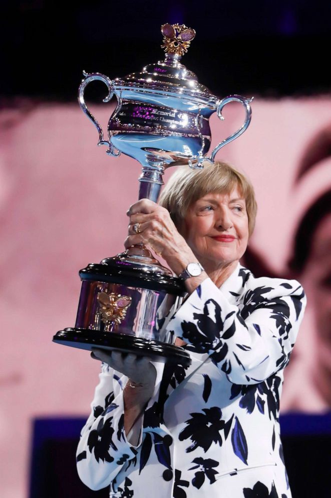 PHOTO: Margaret Court holds a trophy during the pre match ceremony on day nine of the 2020 Australian Open at Melbourne Park on Jan. 27, 2020 in Melbourne, Australia.