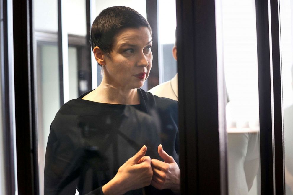 PHOTO: In this Sept. 6, 2021, file photo, Belarus' opposition activists Maria Kalesnikova attends a court hearing in Minsk, Belarus.