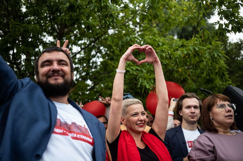 PHOTO: Belarusian opposition leader Maria Kolesnikova makes a heart sign with her hands during a rally in Minsk, Belarus, on Aug. 23, 2020.