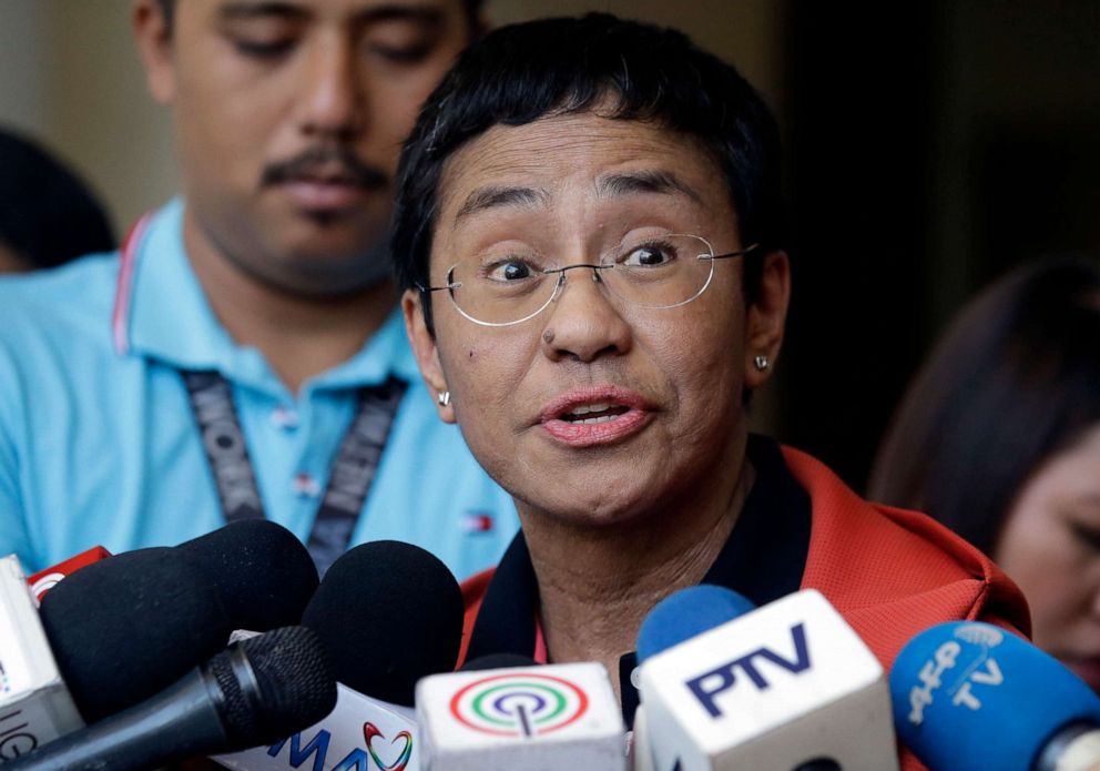 FILE PHOTO: Maria Ressa, co-founder of the Philippines-based news website Rappler, talks to reporters after posting bail at the Pasig Regional Trial Court in Metropolitan Manila, Philippines, on March 29, 2019.
