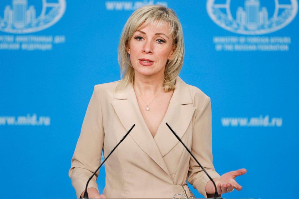 PHOTO: Russian Foreign Ministry's spokeswoman Maria Zakharova speaks to the media during her weekly briefing in Moscow.