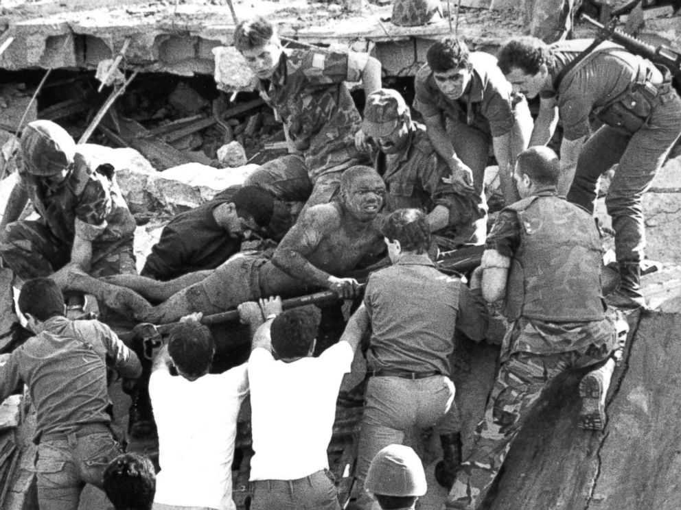 PHOTO: British soldiers assist in rescue operations at the site of the bomb-wrecked U.S. Marine command center near the Beirut airport in Lebanon, Oct. 23, 1983. A bomb-laden truck drove into the center collapsing the entire four story building.