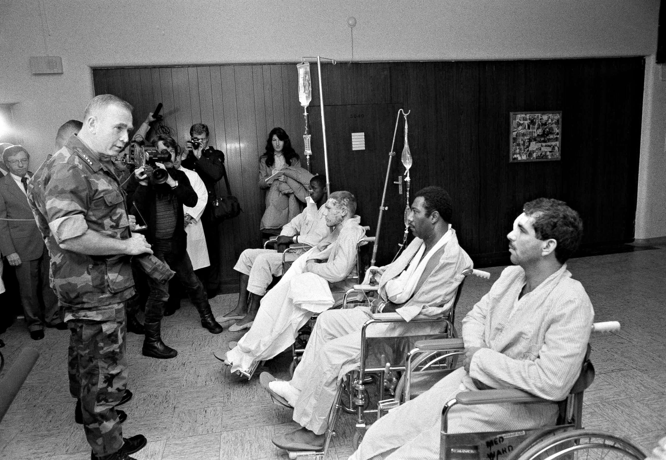 PHOTO: U.S. Marine Corps Commandant Paul Kelley awards the Purple Heart to Marines wounded in the Oct. 23, 1983 terrorist bombing in Beirut during a ceremony at the Wiesbaden Air Force hospital in Germany on Oct. 25.