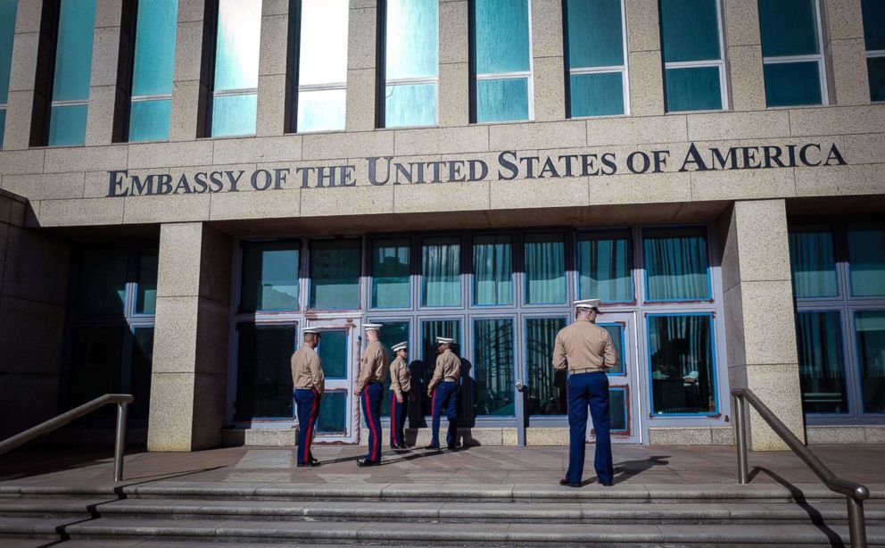 PHOTO: Marines stand outside the U.S. Embassy in Havana, Cuba, Feb. 21, 2018.