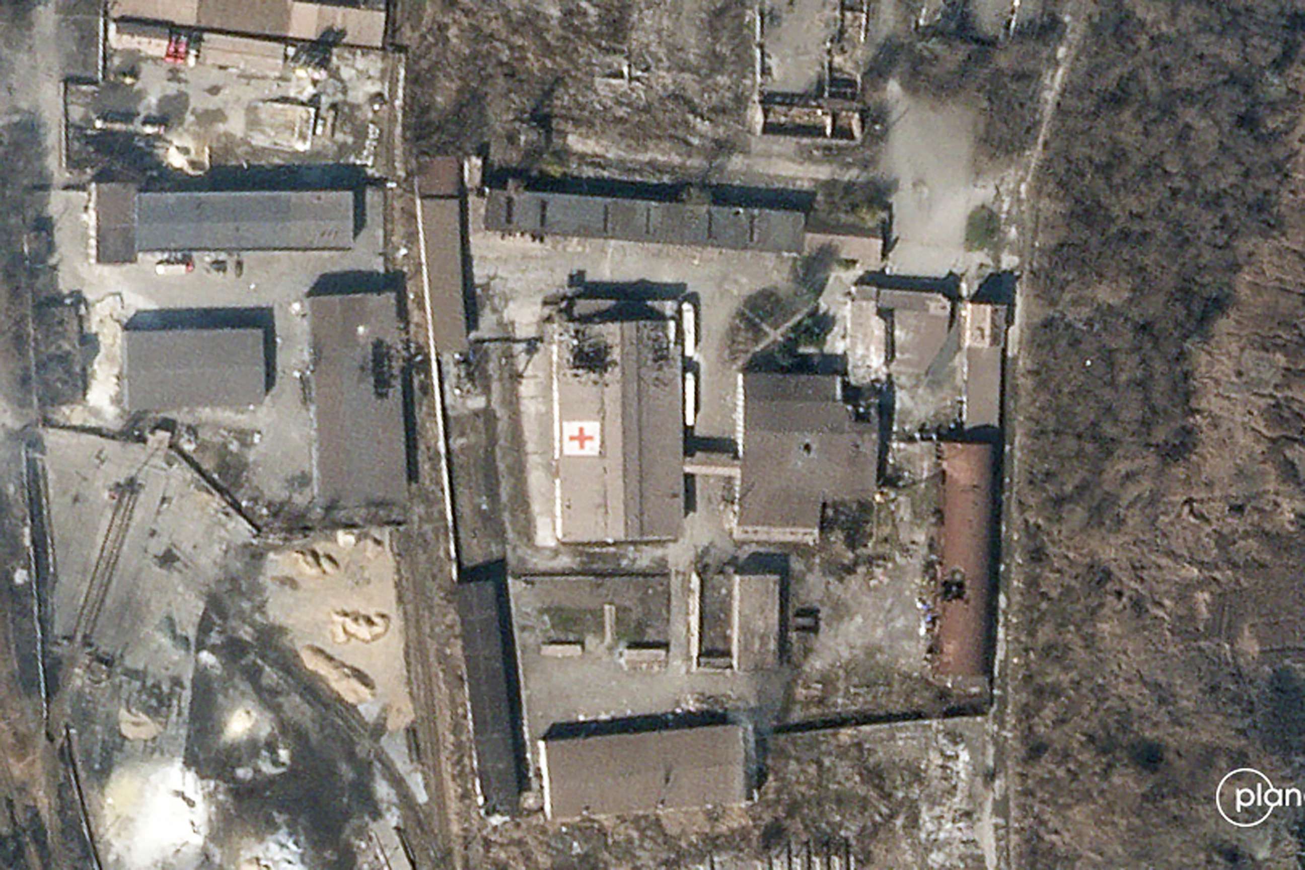 PHOTO: This satellite image shows shows damage to an International Committee of the Red Cross (ICRC) warehouse in Mariupol, Ukraine, March 28, 2022.