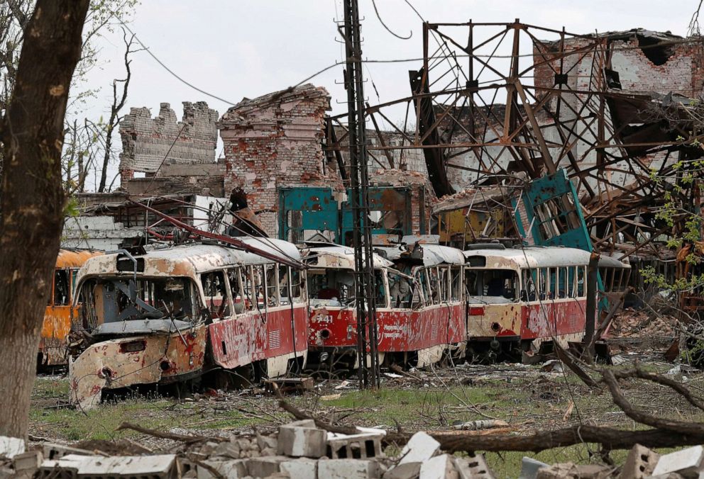PHOTO: Destroyed trams are seen in a depot during Ukraine-Russia conflict in the southern port city of Mariupol, Ukraine May 5, 2022.
