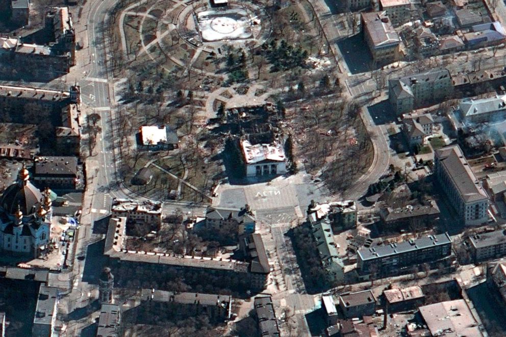 PHOTO: This satellite image shows the aftermath of the airstrike on the Mariupol Drama Theater on March 19, 2022, in Mariupol, Ukraine. 