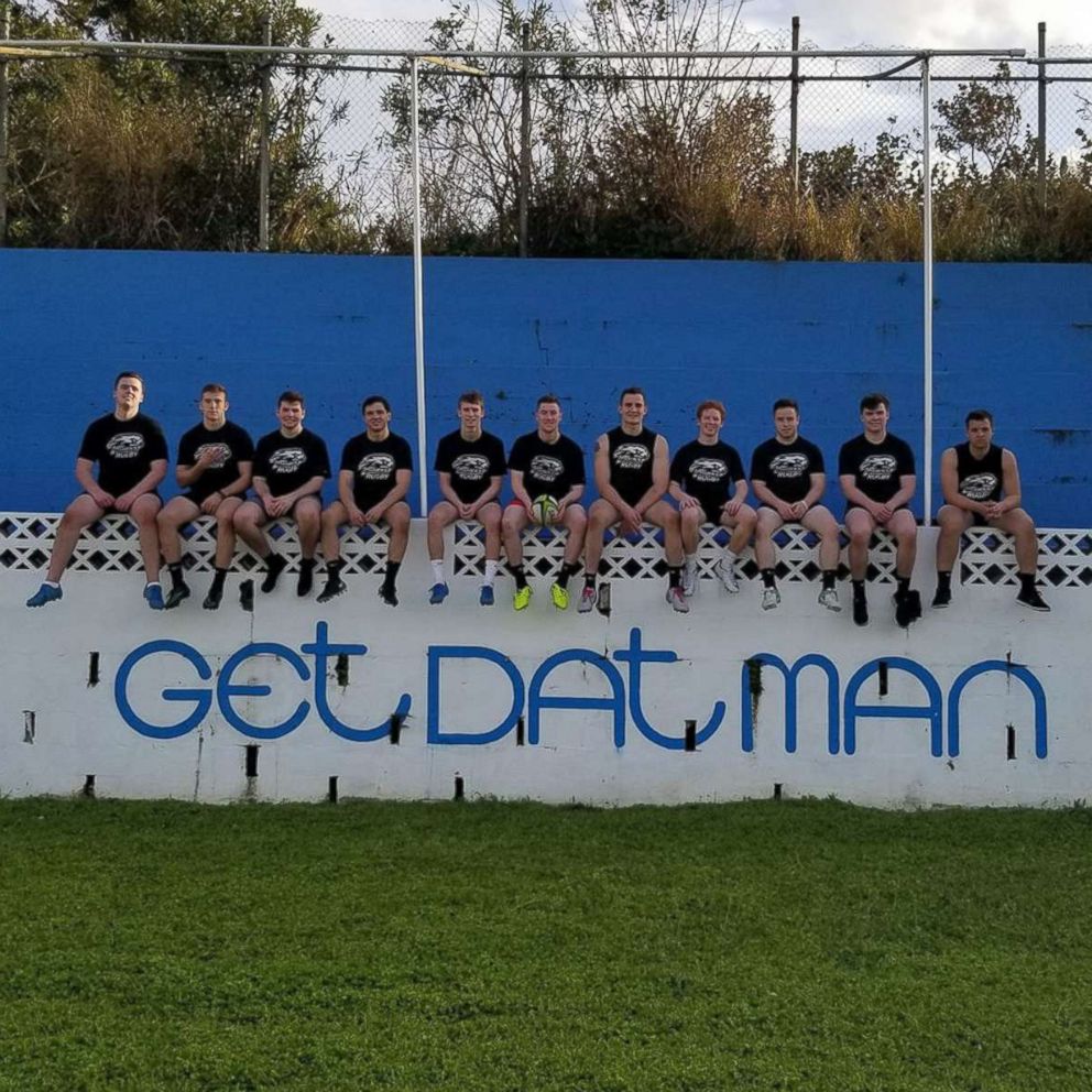 PHOTO: Mark Dombroski is pictured with his team mates on the Saint Joseph's University rugby team as they prepared for their games in Bermuda.