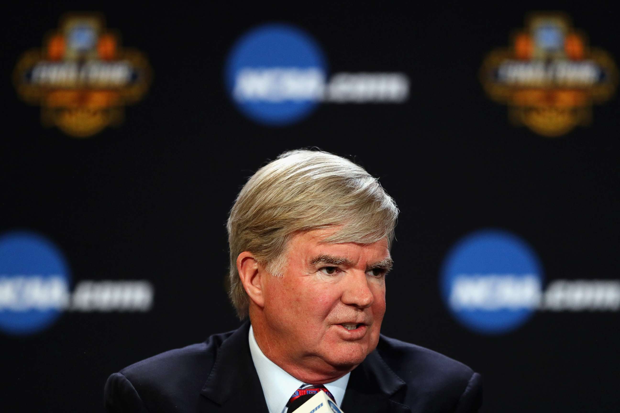 PHOTO: CAA President Mark Emmert speaks with the media during a press conference, on March 30, 2017, in Glendale, Arizona.