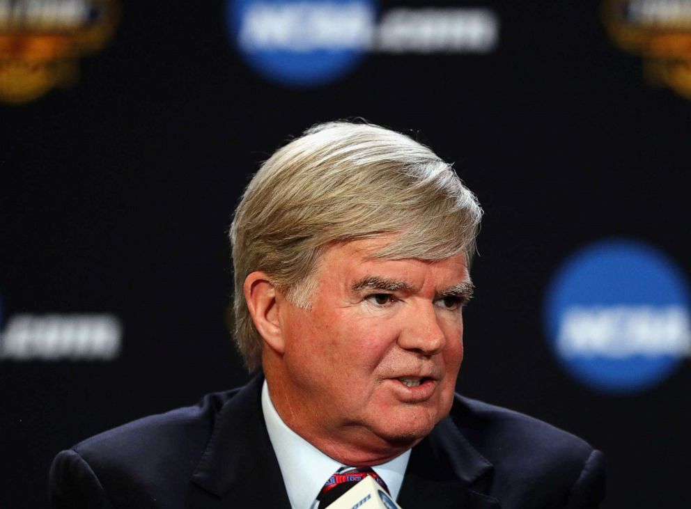 PHOTO: CAA President Mark Emmert speaks with the media during a press conference, on March 30, 2017, in Glendale, Arizona.