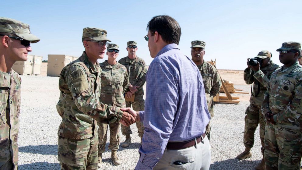 PHOTO: Defense Secretary Mark T. Esper meets with U.S. Army Patriot missile specialists during a visit to Prince Sultan Air Base in Al Kharj, Saudi Arabia, Oct. 22, 2019. 