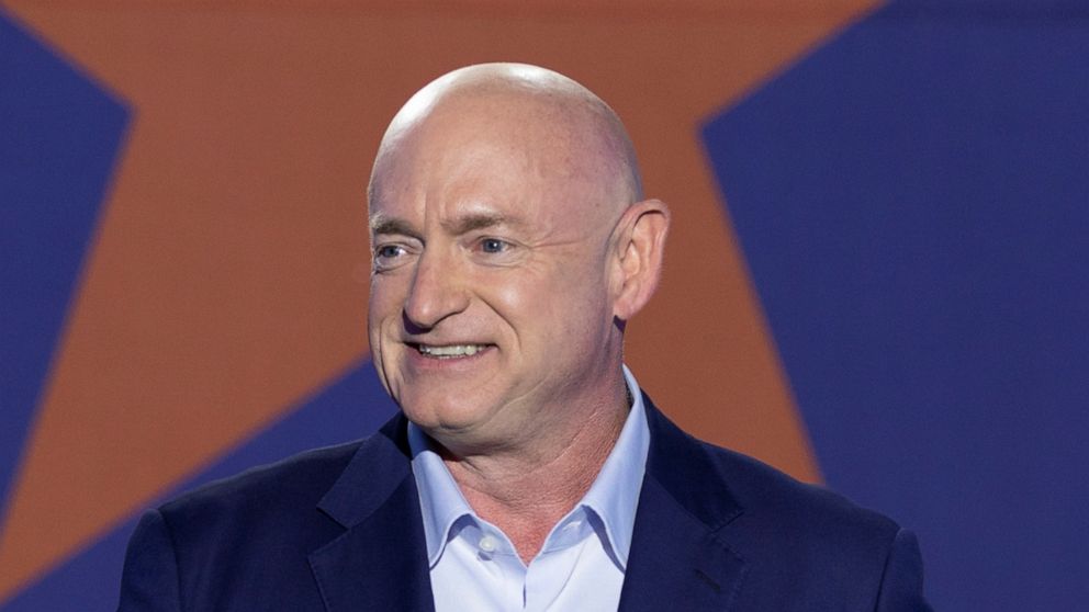 PHOTO: Democratic Senate candidate Mark Kelly speaks at an election campaign party in Tucson, Arizona, Nov. 3, 2020.