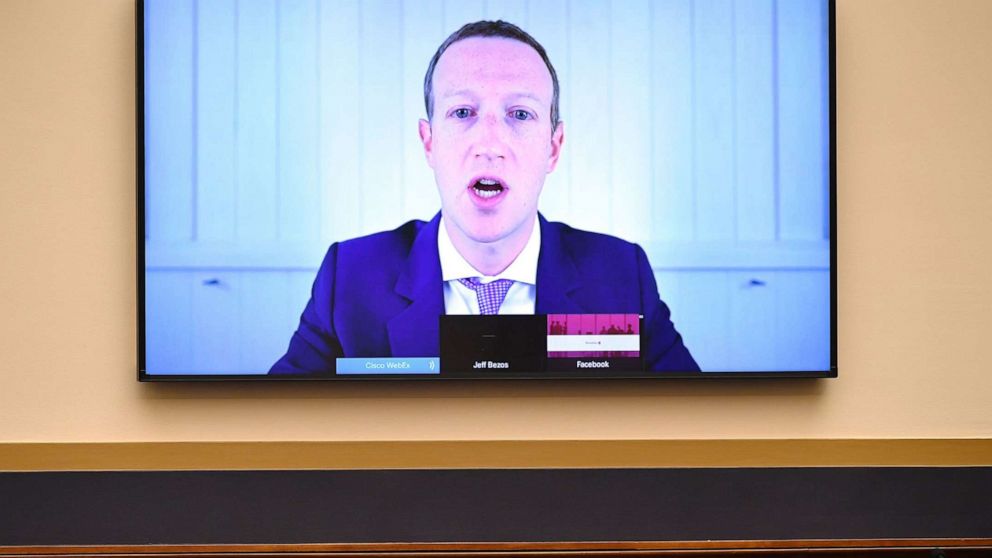 PHOTO: Facebook CEO Mark Zuckerberg testifies before the House Judiciary Subcommittee on Antitrust, Commercial and Administrative Law on "Online Platforms and Market Power" on Capitol Hill in Washington, DC on July 29, 2020.