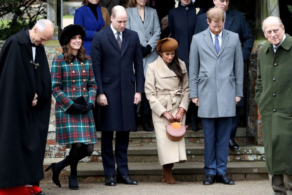 PHOTO: Prince William, Duke of Cambridge, Prince Philip, Duke of Edinburgh, Catherine, Duchess of Cambridge, Meghan Markle and Prince Harry attend Christmas Day Church service at Church of St Mary Magdalene, Dec. 25, 2017, in King's Lynn, England.