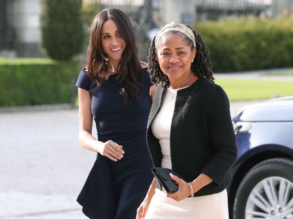 PHOTO: Meghan Markle arrives with her mother Doria Ragland at Cliveden House hotel in the village of Taplow near Windsor, May 18, 2018, the eve of her wedding to Britain's Prince Harry.