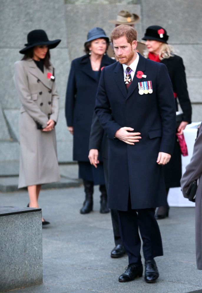 PHOTO: Prince Harry and Meghan Markle attend an Anzac Day dawn service at Hyde Park Corner, April 25, 2018, in London.