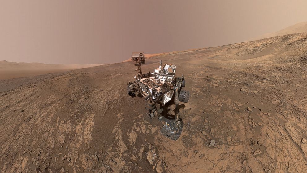 PHOTO: This NASA photo taken on Feb. 4, 2018, is a self-portrait of NASA's Curiosity Mars rover on Vera Rubin Ridge. Directly behind the rover is Gale Crater's rim.