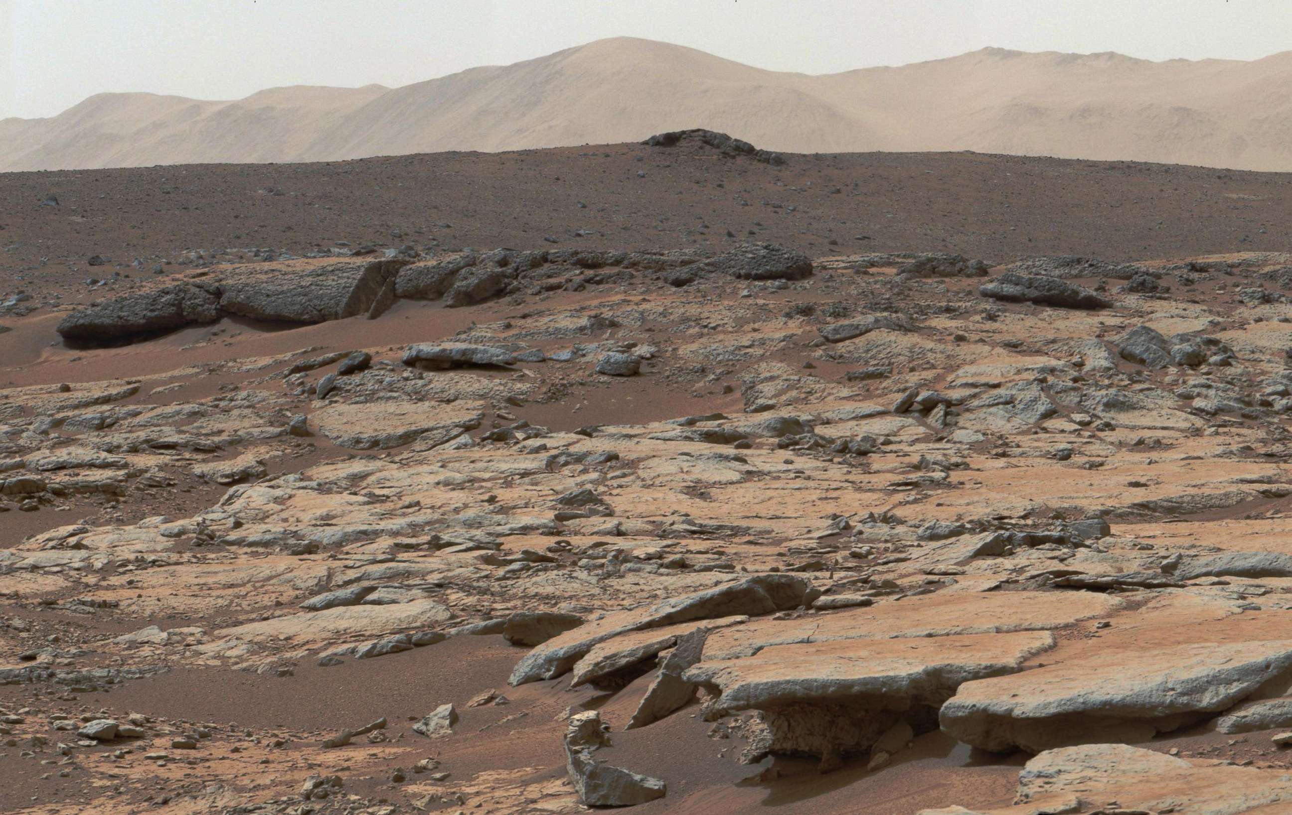PHOTO: This Dec. 9, 2013, NASA photo is a mosaic of images from NASA's Curiosity Mars rover and shows a series of sedimentary deposits in the Glenelg area of Gale Crater.