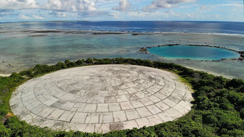 PHOTO: In this May 27, 2019, file photo, Runit Island, part of the Marshall Islands is shown. The U.S. Department of Energy has disclosed high levels of radiation in giant clams in a lagoon near the Runit Dome, where the U.S. entombed radioactive waste. 