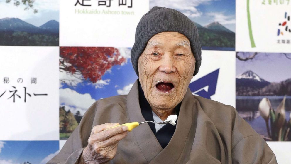 PHOTO: Japanese Masazo Nonaka eats his favorite cake as he receives a Guinness World Records certificate naming him the world's oldest man during a ceremony in Ashoro, on Japan's northern island of Hokkaido, April 10, 2018.