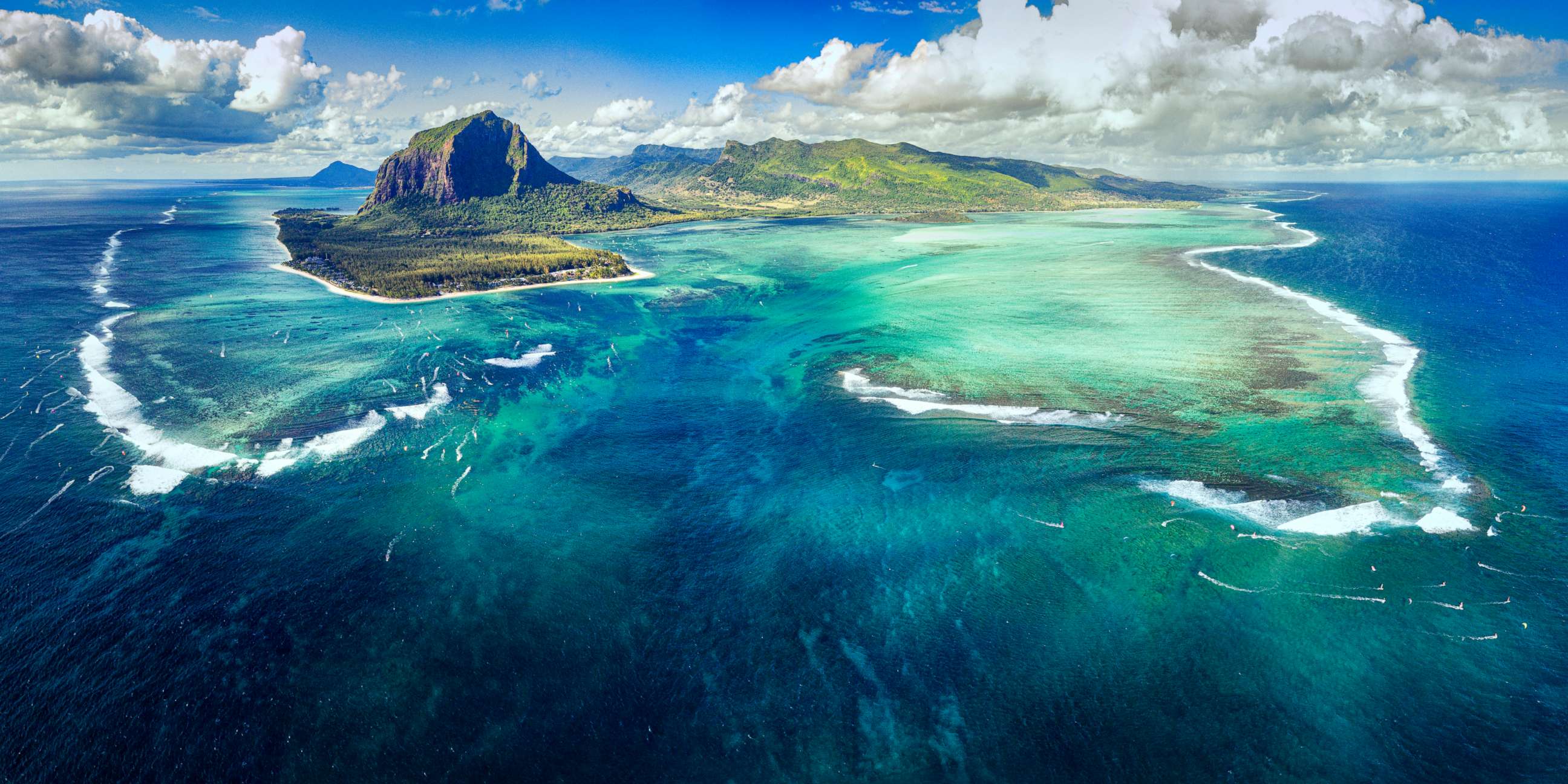 PHOTO: Aerial view of the Le Morne Brabant peninsula on the island of Mauritius in the Indian Ocean.