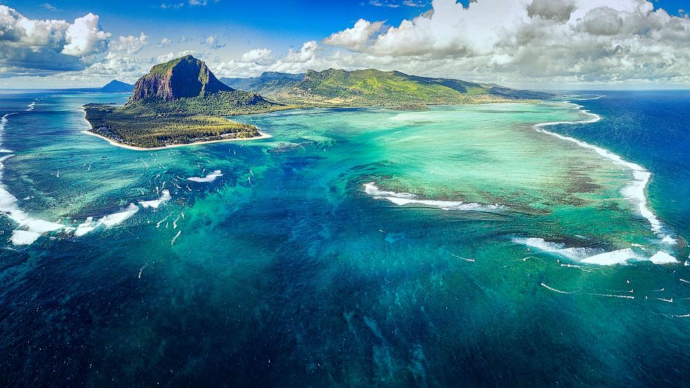 PHOTO: Aerial view of the Le Morne Brabant peninsula on the island of Mauritius in the Indian Ocean.