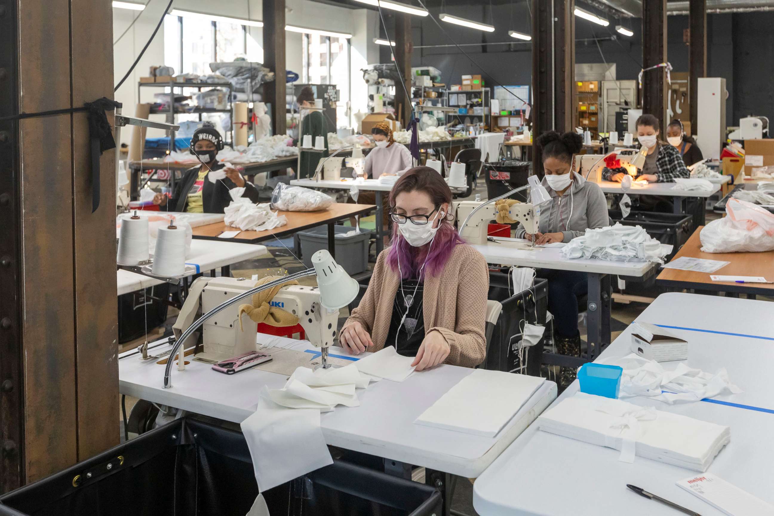 PHOTO: Workers at Detroit Sewn, a contract sewing company, produce medical masks for medical professionals during the coronavirus crisis, April 2, 2020, in Pontiac, Mich. 