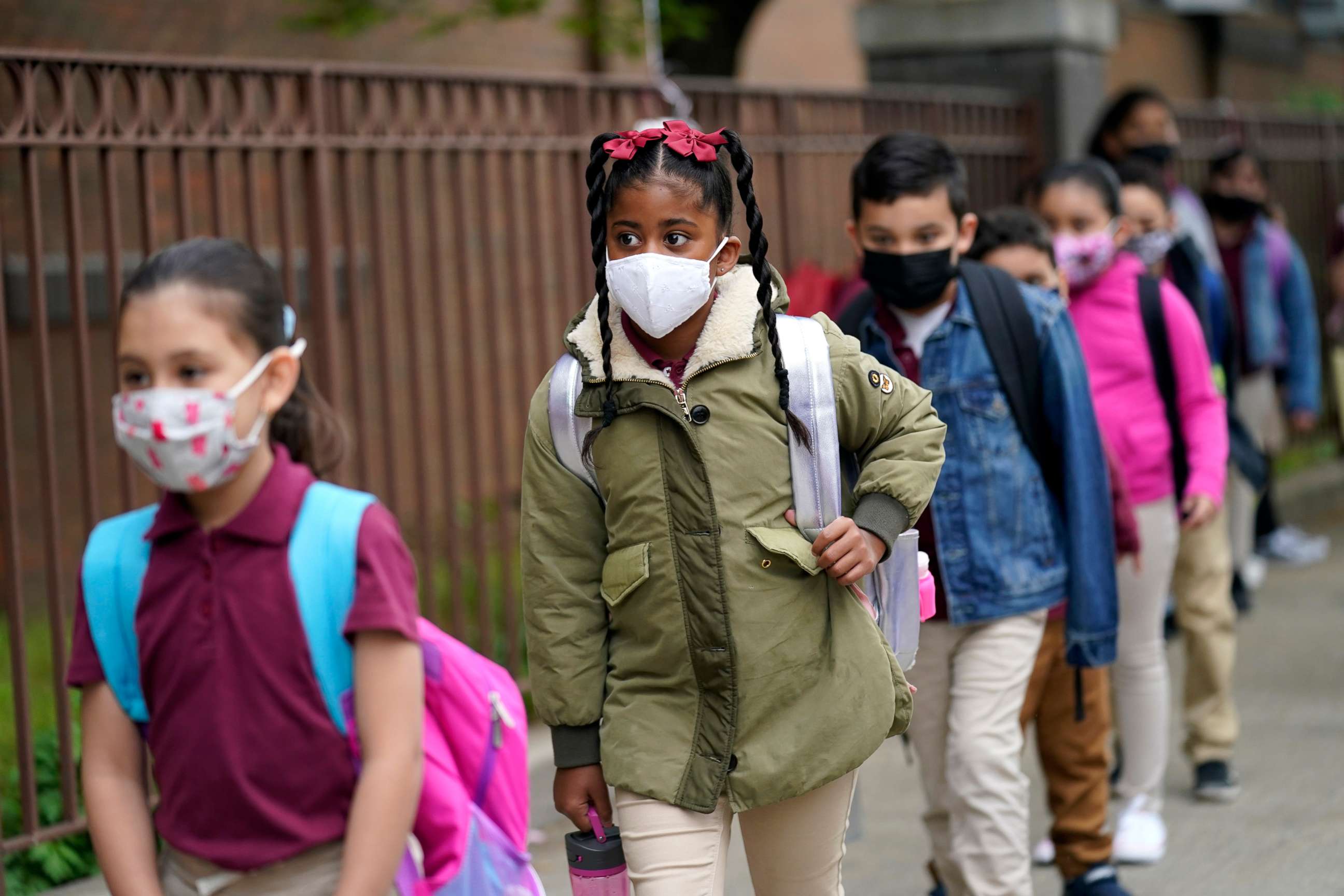 PHOTO: Students line up to enter Christa McAuliffe School in Jersey City, N.J., April 29, 2021.