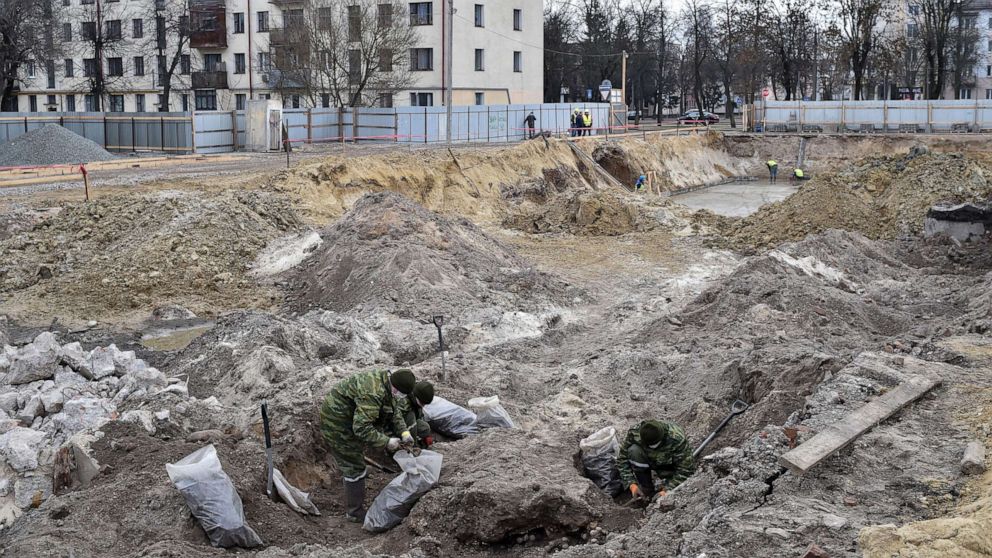 PHOTO: Belarus' servicemen excavate a mass grave for the prisoners of a Jewish ghetto set up by the Nazis during World War Two, that was uncovered at a construction site in the city of Brest, on Feb. 27, 2019.