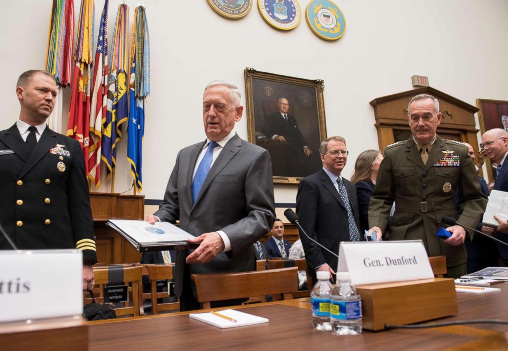 PHOTO: US Secretary of Defense James Mattis and Chairman of the Joint Chiefs of Staff General Joseph Dunford, right, arrive to testify before a House Armed Services Committee hearing on Capitol Hill, April 12, 2018.