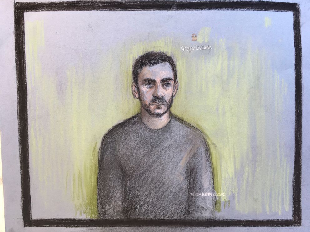 PHOTO: Court artist sketch by Elizabeth Cook shows lorry driver Maurice Robinson, 25, at Chelmsford Magistrates' Court in England, on Oct. 28, 2019.