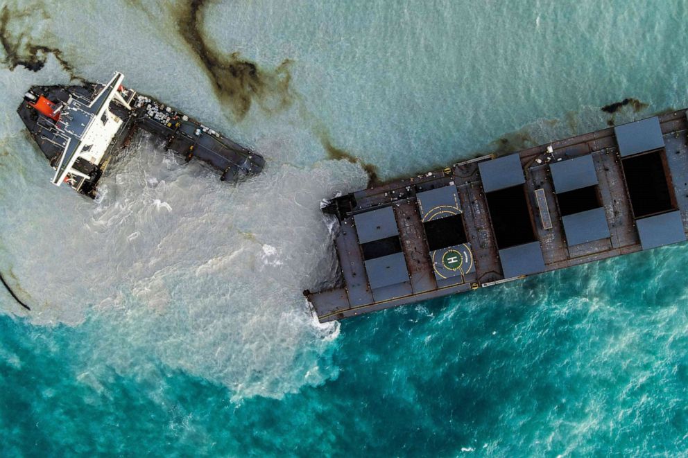 PHOTO: The MV Wakashio bulk carrier broken into two parts near Blue Bay Marine Park, Mauritius, Aug. 16, 2020.