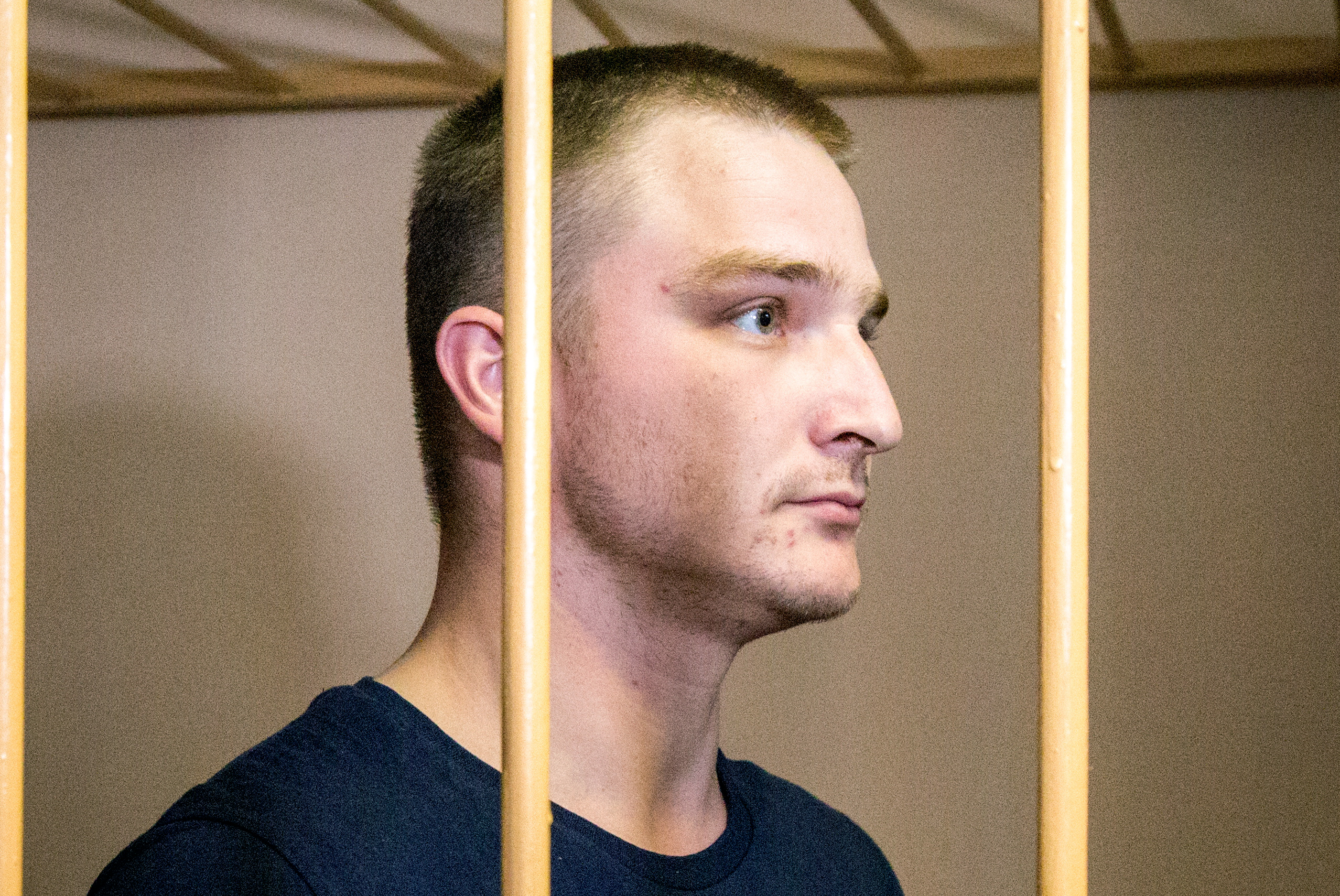 PHOTO: Maxim Yablokov, a senior correctional officer at No1 Yaroslavl Correctional Facility, attends a hearing at Yaroslavl's Zavolzhsky District Court into an application for a warrant to arrest him, July 25, 2018, in Yaroslavl, Russia.