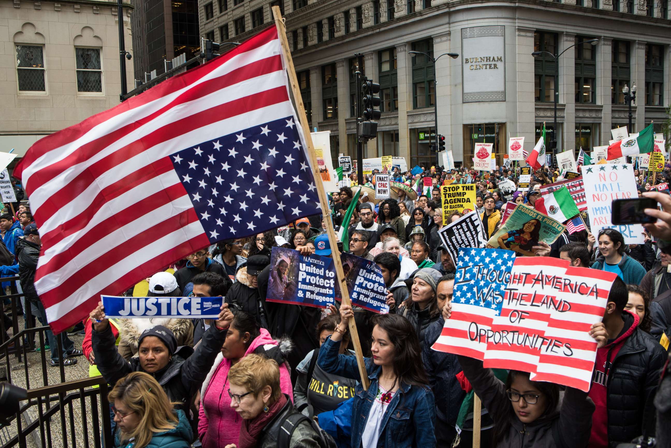 PHOTO: Demonstrators attend a May Day march in Chicago, May 1, 2017. Thousands gathered for May Day, also known as International Workers' Day, in support of worker and immigrant rights.