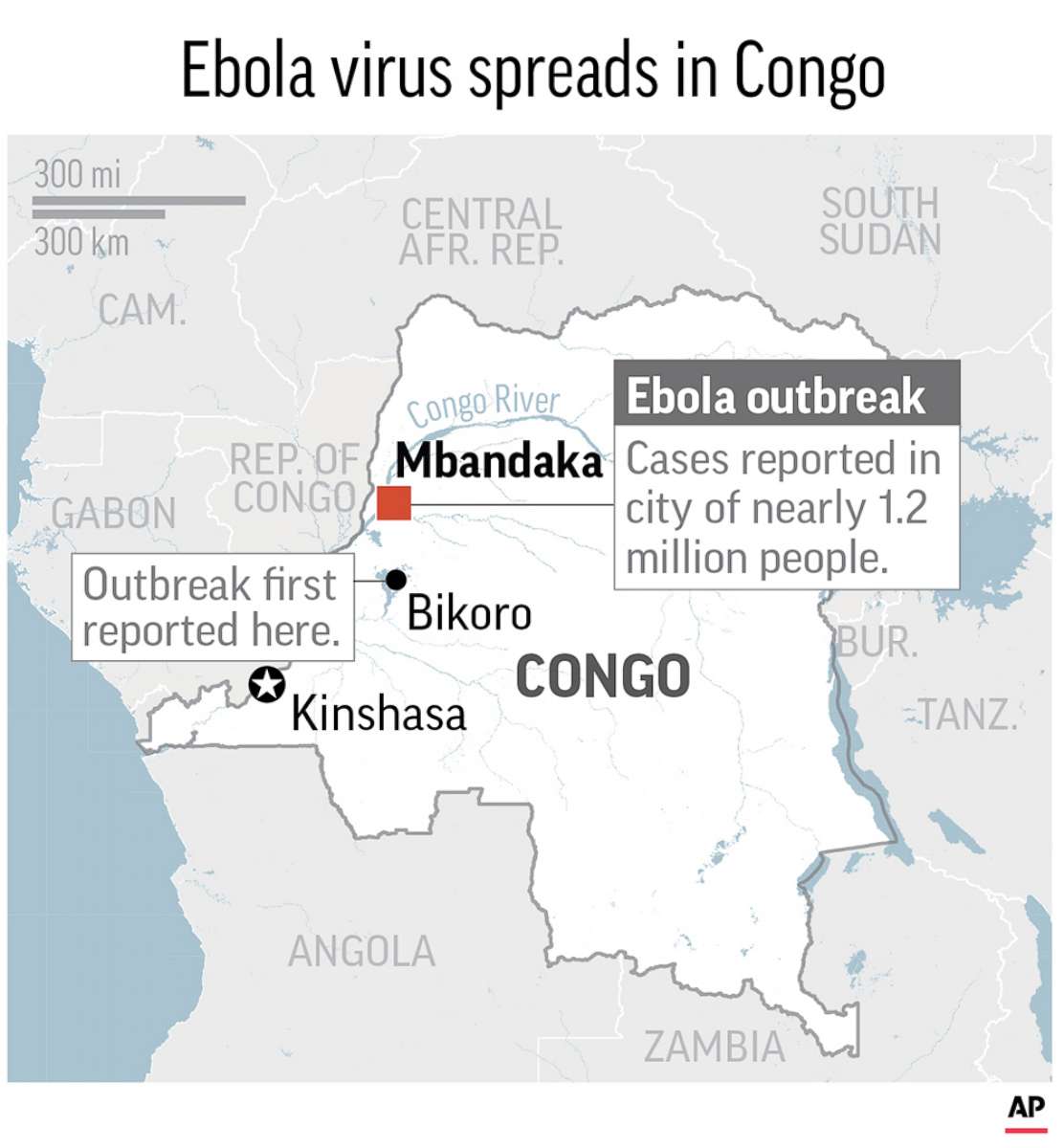 PHOTO: Mbandaka, Congo, where an ebola virus outbreak has been reported in the city of 1.2 million people, is pictured in this map.
