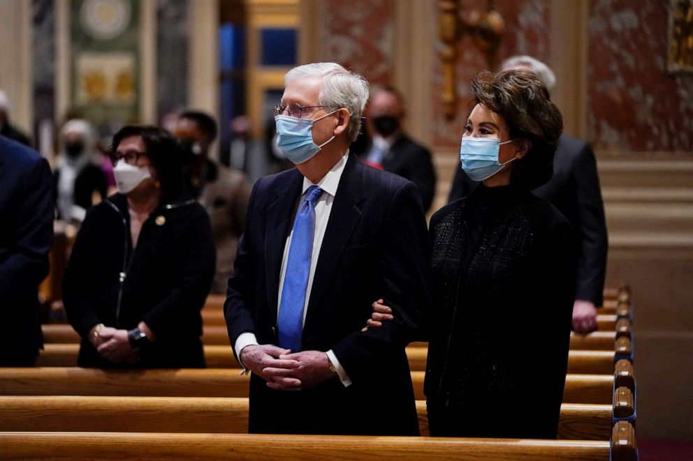 PHOTO: Senate Minority Leader Mitch McConnell and his wife Elaine Chao, former U.S. secretary of transportation, attend Mass at the Cathedral of St. Matthew the Apostle during Inauguration Day ceremonies, Jan. 20, 2021, in Washington.