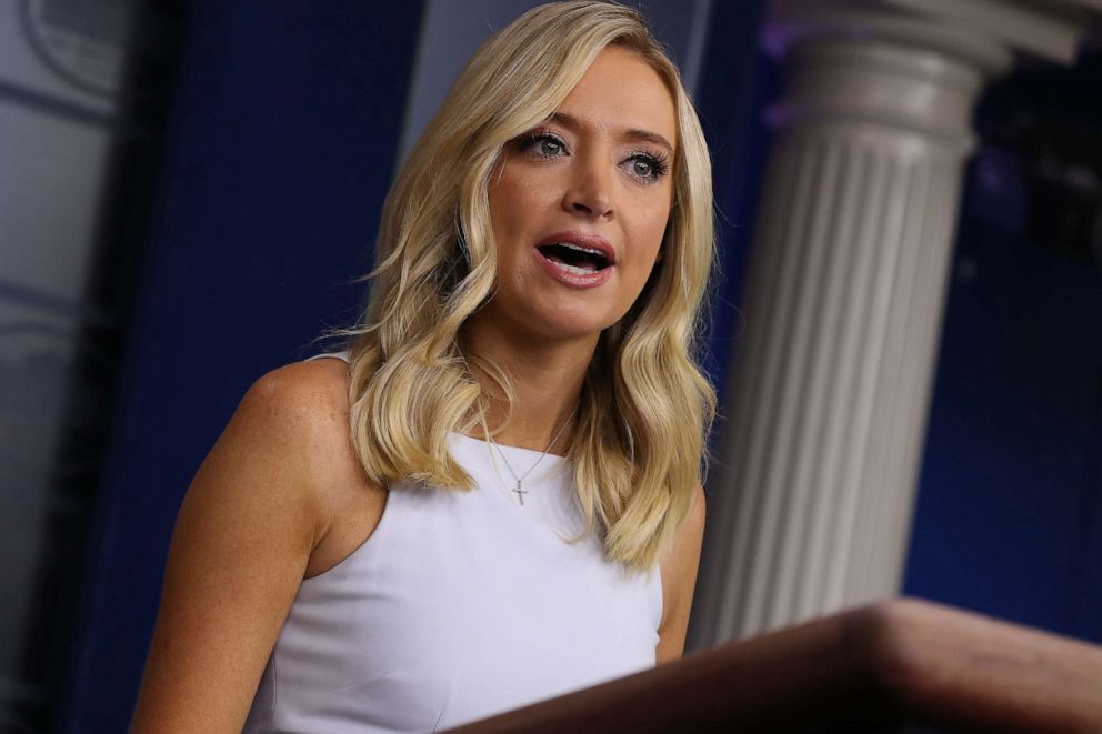 PHOTO: White House Press Secretary Kayleigh McEnany holds a news conference in the Brady Press Briefing Room at the White House, August 19, 2020, in Washington.