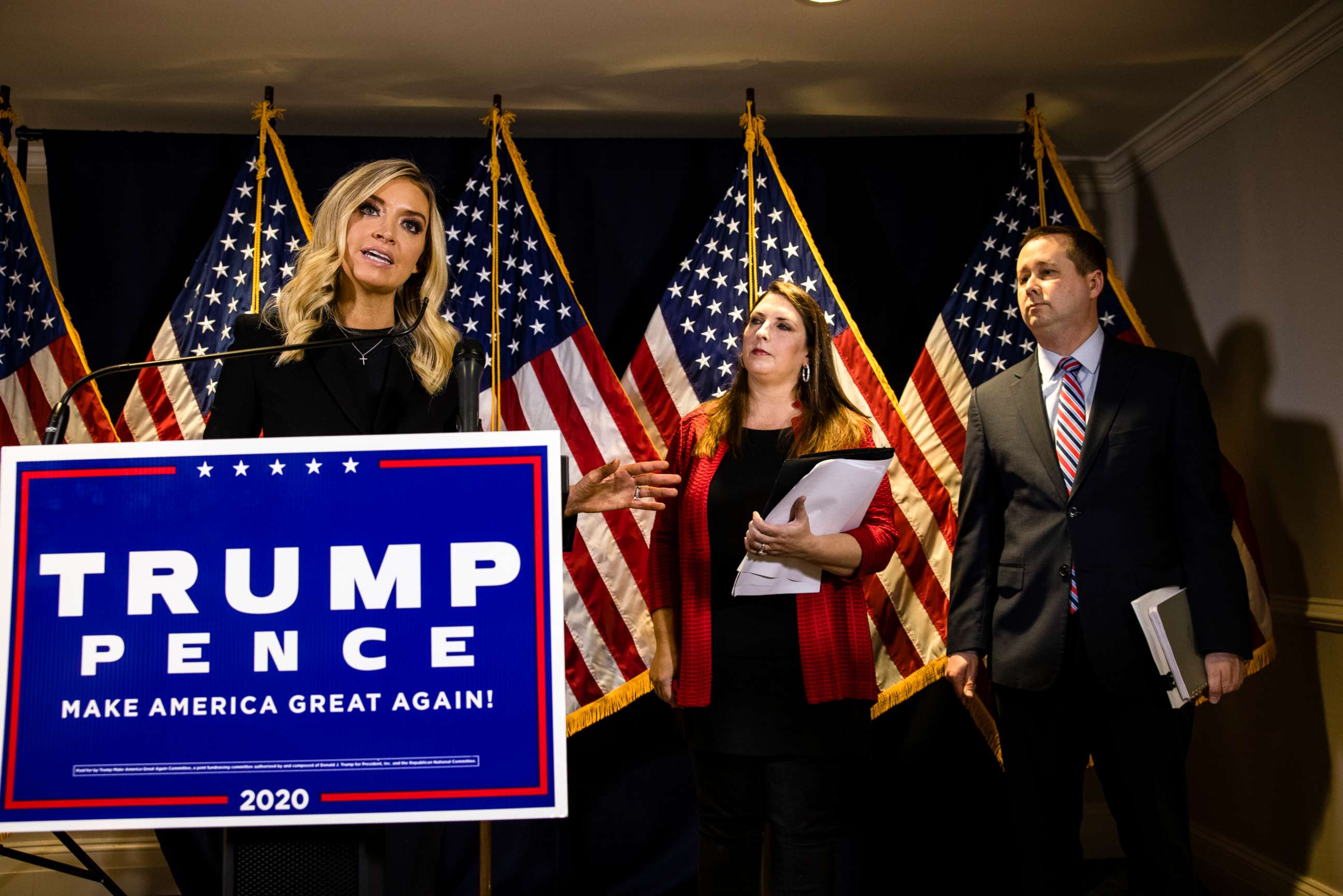 PHOTO: White House Press Secretary Kayleigh McEnany speaks during a press conference with RNC Chairwoman Ronna McDaniel at the Republican National Committee headquarters on Nov. 9, 2020 in Washington.