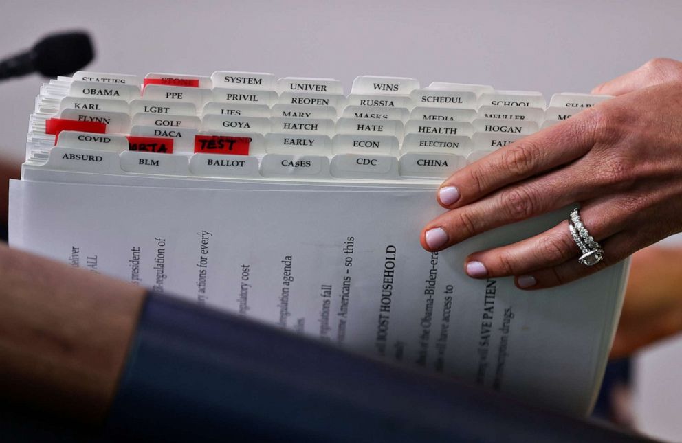 PHOTO: White House Press Secretary Kayleigh McEnany flips through the topic headings in her binder during the daily press briefing at the White House in Washington, July 16, 2020.