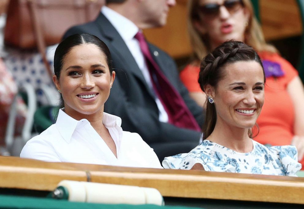 PHOTO: Meghan, Duchess of Sussex, and Pippa Middleton in the Royal Box ahead of the final Wimbledom match between Serena Williams of the U.S. and Romania's Simona Halep in London, July 13, 2019.