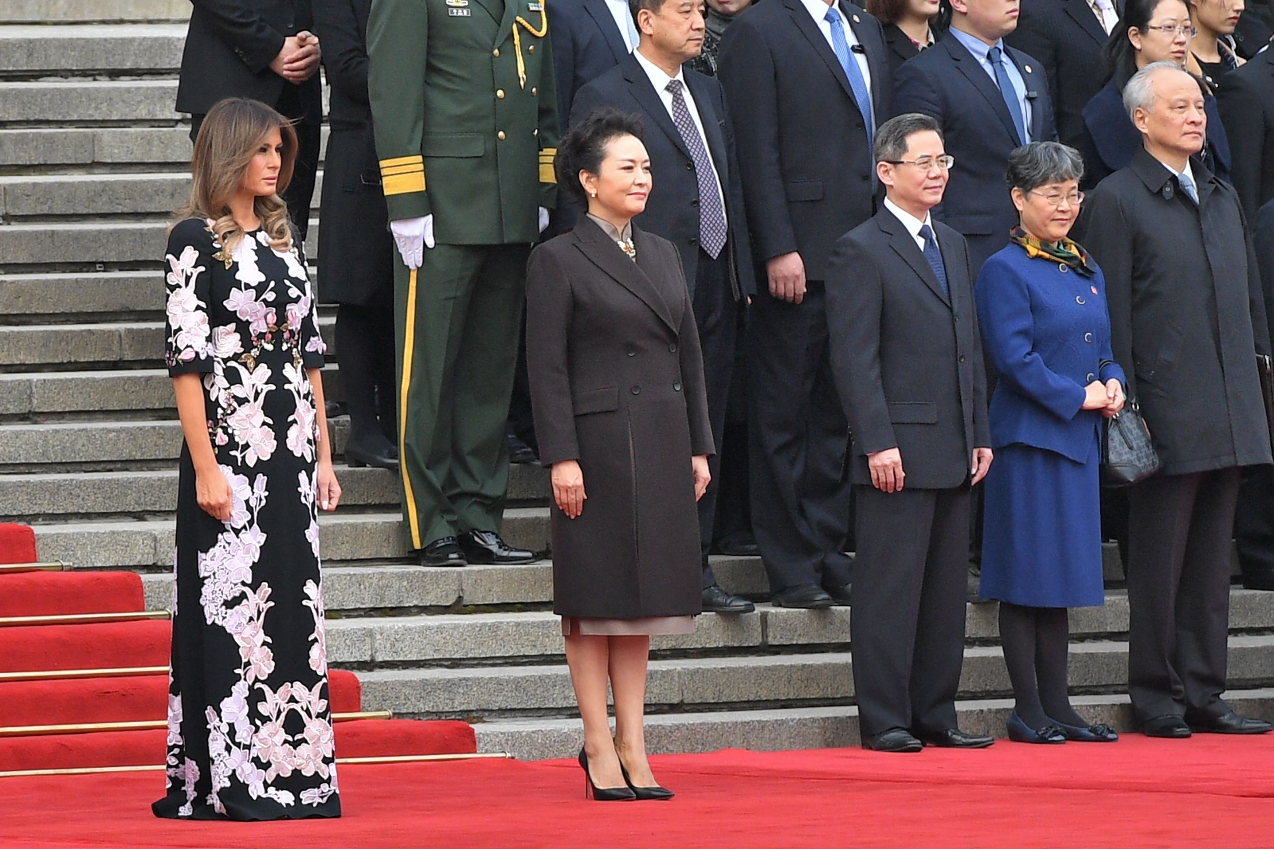 PHOTO: First Lady Melania Trump and Peng Liyuan, wife of China's President Xi Jinping, attend a welcome ceremony at the Great Hall of the People in Beijing on Nov. 9, 2017. 