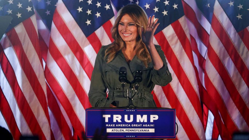 PHOTO: U.S. first lady Melania Trump attends a campaign event in Atglen, Pennsylvania, Oct. 27, 2020.