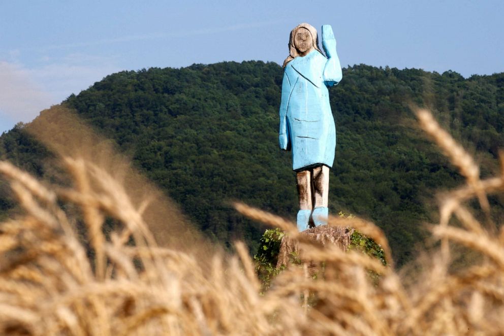 PHOTO: A wooden sculpture of first lady Melania Trump is officially unveiled in Rozno, near her hometown of Sevnica, Slovenia, July 5, 2019.