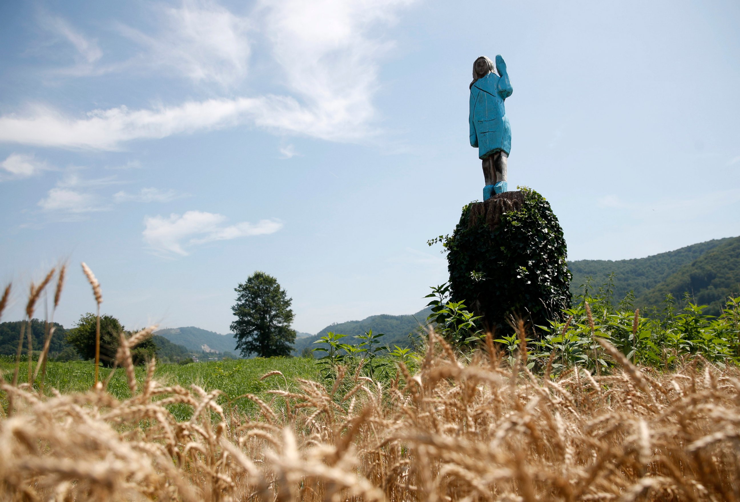 PHOTO: In this Friday, July 5, 2019 photo, a sculpture created by American artist Brad Downey depicting Melania Trump is seen in her hometown in Sevnica, Slovenia. 