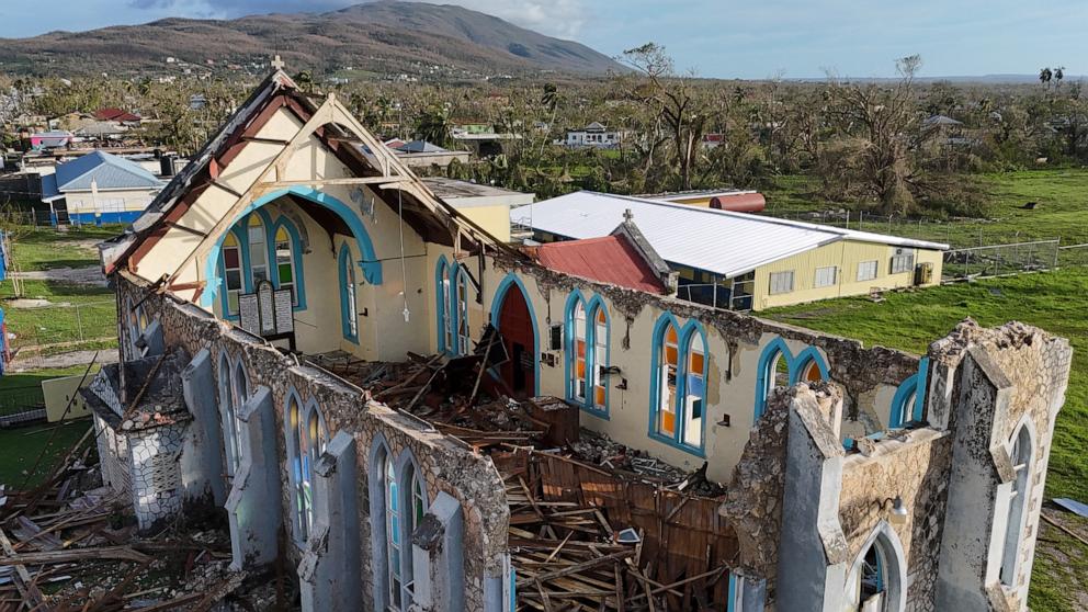 PHOTO: The church of Lacovia Tombstone, Jamaica, sits damaged in the aftermath of Hurricane Melissa, Oct. 29, 2025. 