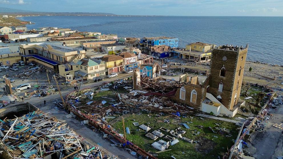 PHOTO: An aerial view of damaged buildings around the St. John's Anglican Church following the passage of Hurricane Melissa, in Black River, St. Elizabeth, Jamaica on October 29, 2025.